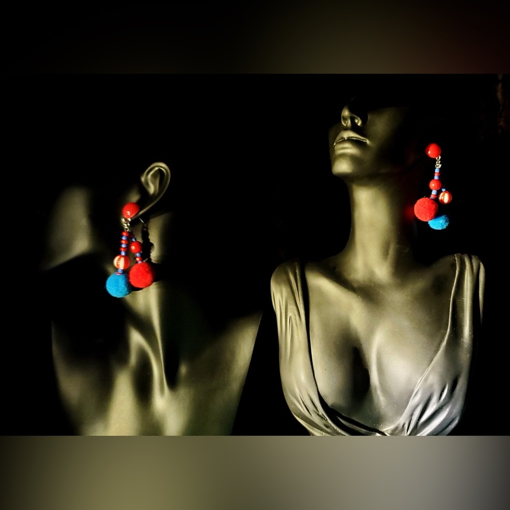 Tribal Handmade Red Blue Colorful Flurry  Ball-Shaped Beaded Earrings A Pair